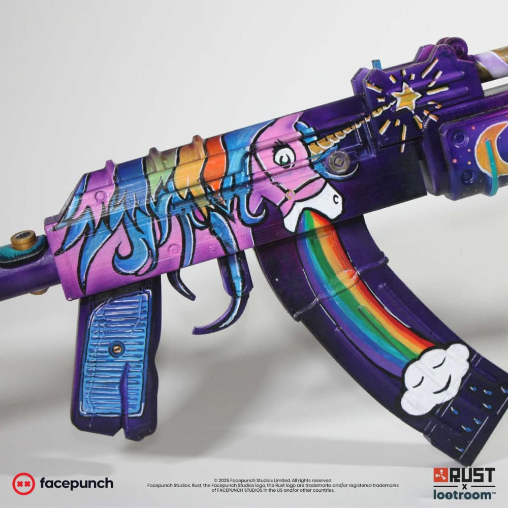 Receiver of the Rust Rainbow Pony AK with the unicorn breathing the rainbow onto the magazine