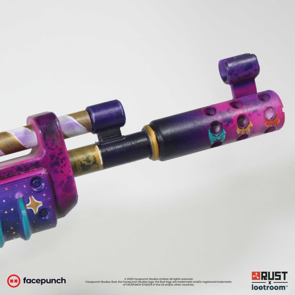 Muzzle end of the Rust Rainbow Pony AK prop with coloured dots in the vents