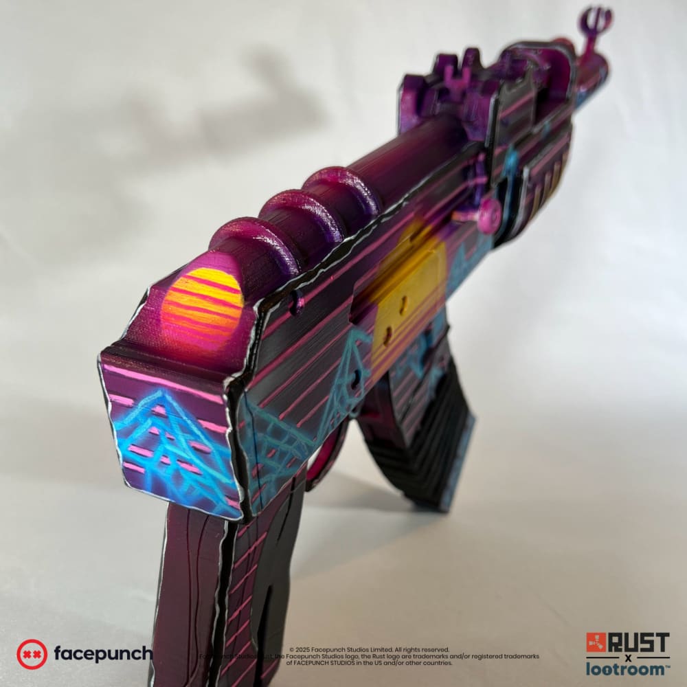 Rust Retrowave AK prop at an angle, neon pink scanlines running the length of the receiver.