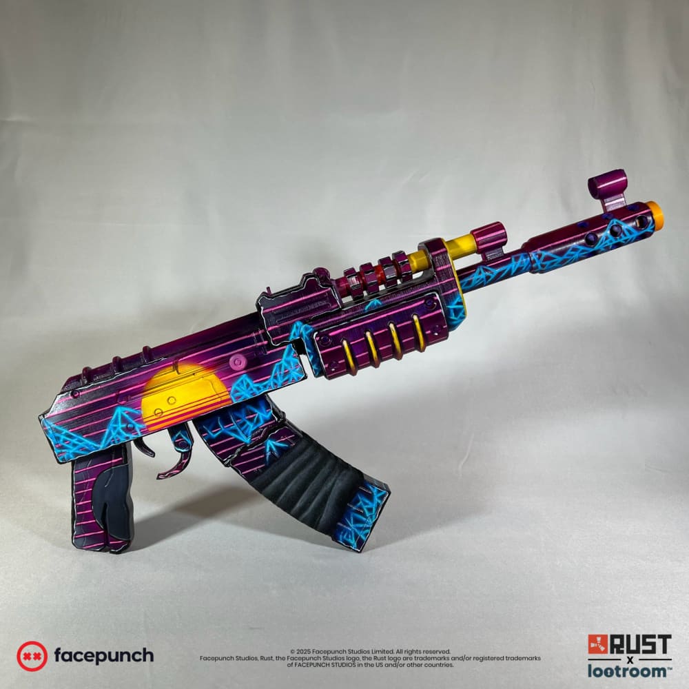 Rust Retrowave AK prop, full side view of the 50cm build with a synthwave sunset on the receiver.