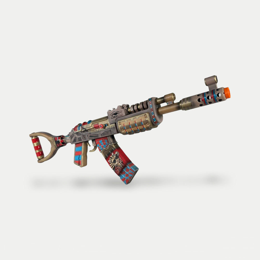 The Ricoy AK prop at an angle from the muzzle side, with the painted skull on the magazine.