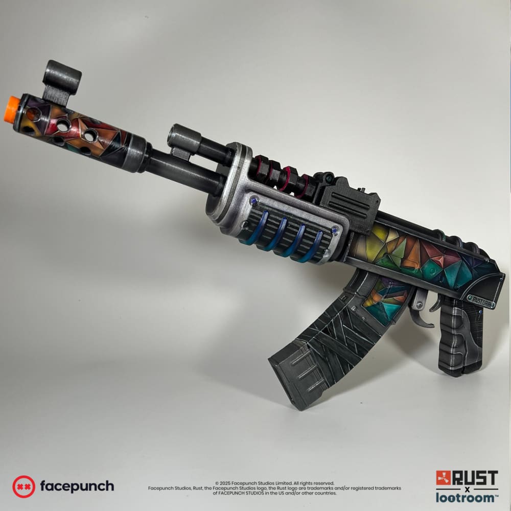 Rust Rustoria AK prop from the front at an angle, crystal facets on the muzzle brake and magazine.