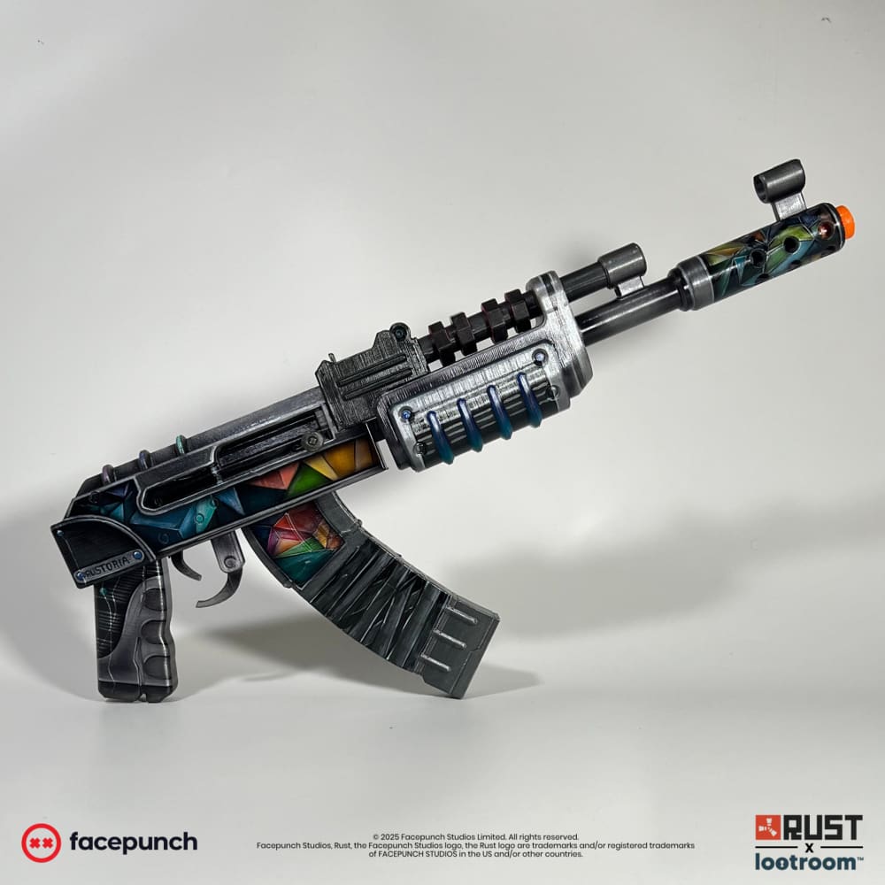 Rust Rustoria AK prop, full side view of the 50cm build with coloured crystal facets on the receiver.