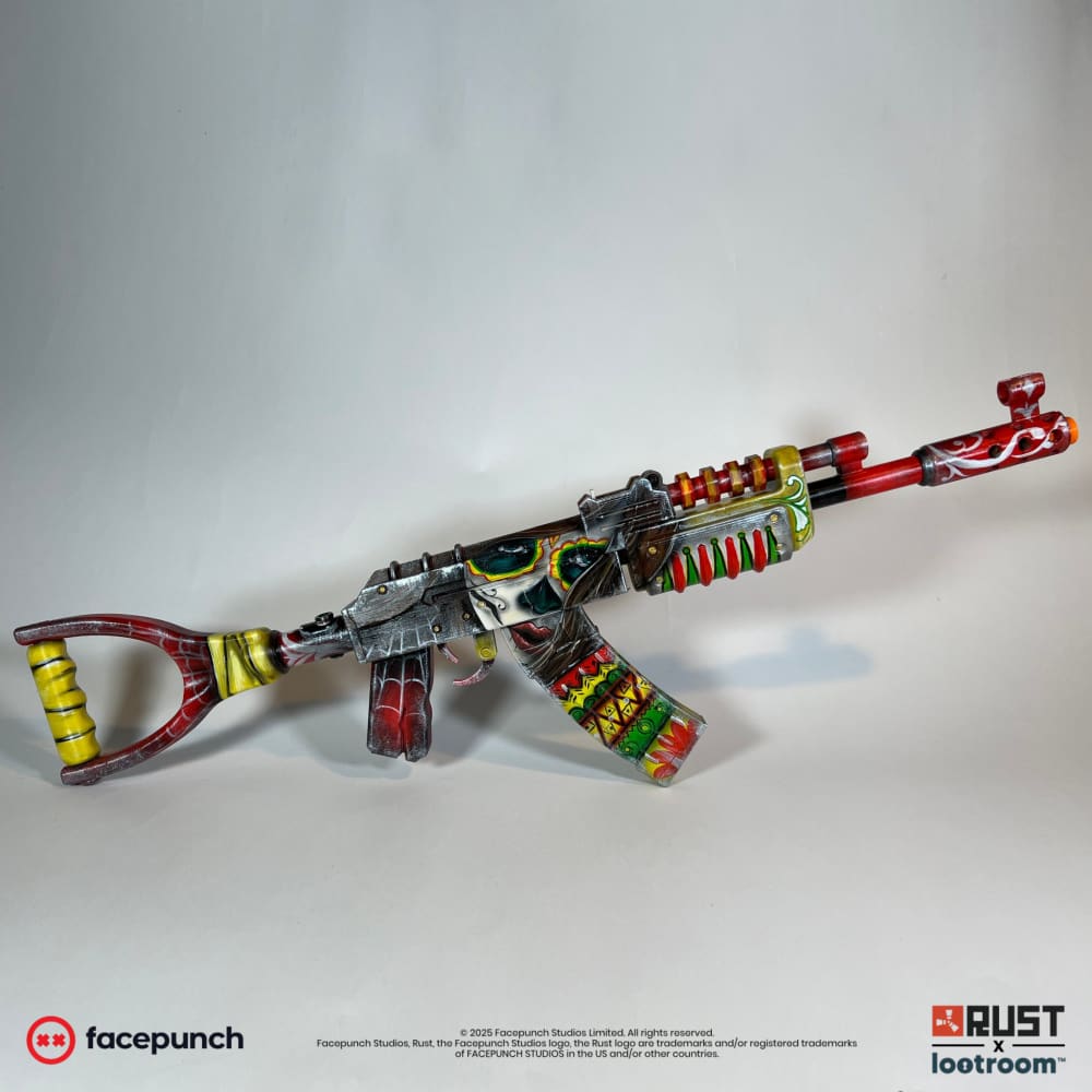 Rust Santa Muerte AK prop, full side view of the 75cm build with the painted skull face on the receiver.