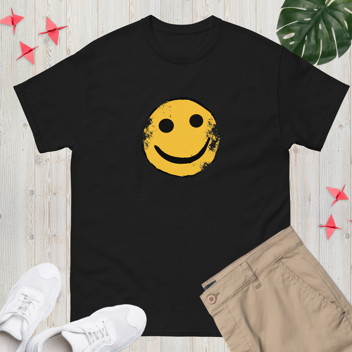 Rust AK Smiley unisex t-shirt in black with a large yellow smiley print