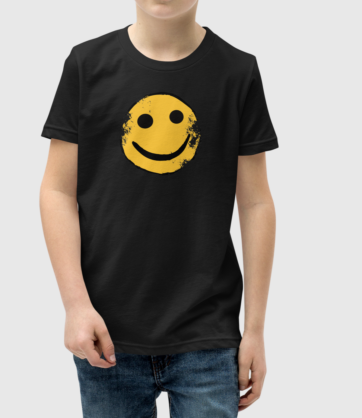 Rust AK Smiley youth t-shirt in black, worn