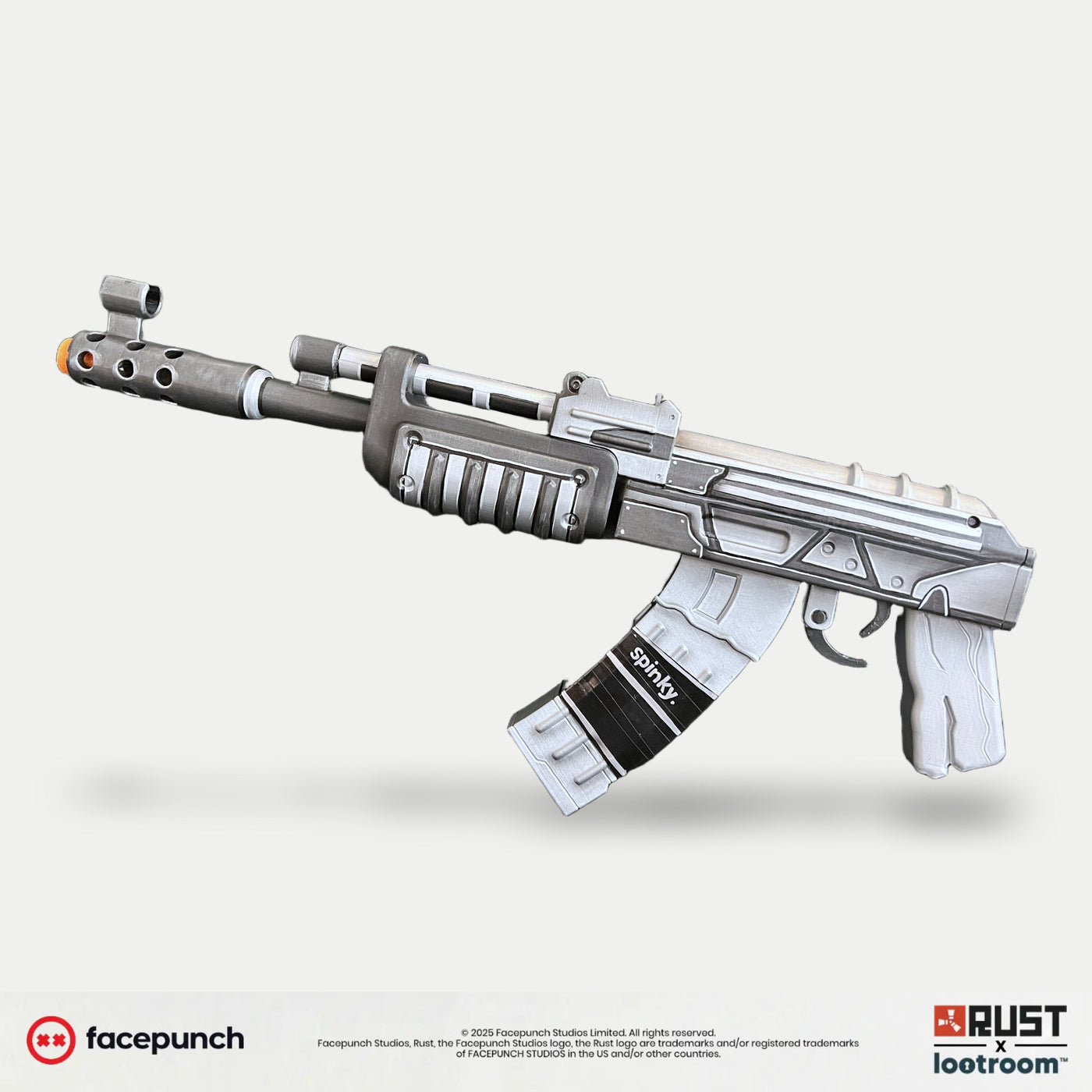 Rust Spinky AK prop from the opposite side, 50cm short version in hand-airbrushed PLA