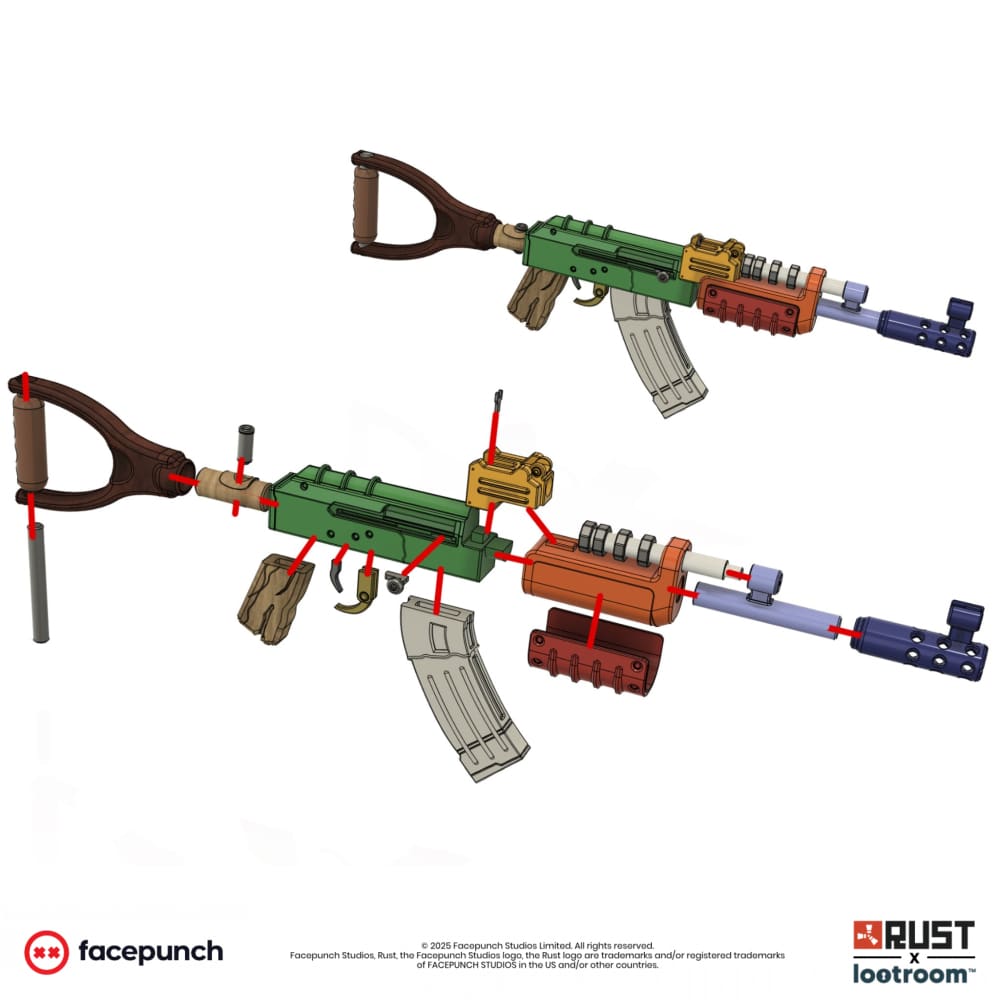 Exploded diagram of the Rust AK STL files, the assembled prop above and every printed part below with assembly arrows
