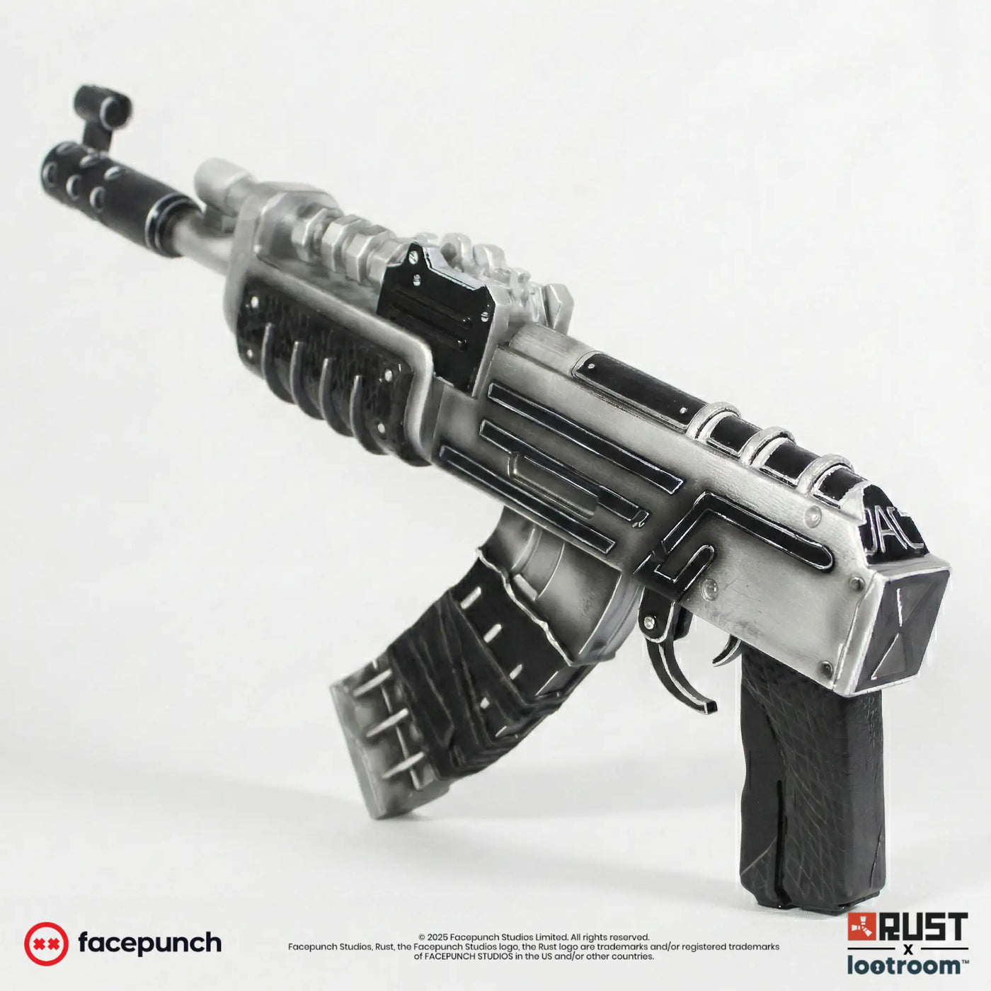 Rust Tacularr AK prop, rear angle showing the short-stock receiver end
