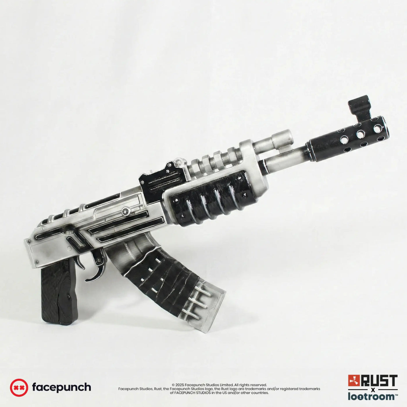 Rust Tacularr AK prop in silver and black, 50cm short-stock side view