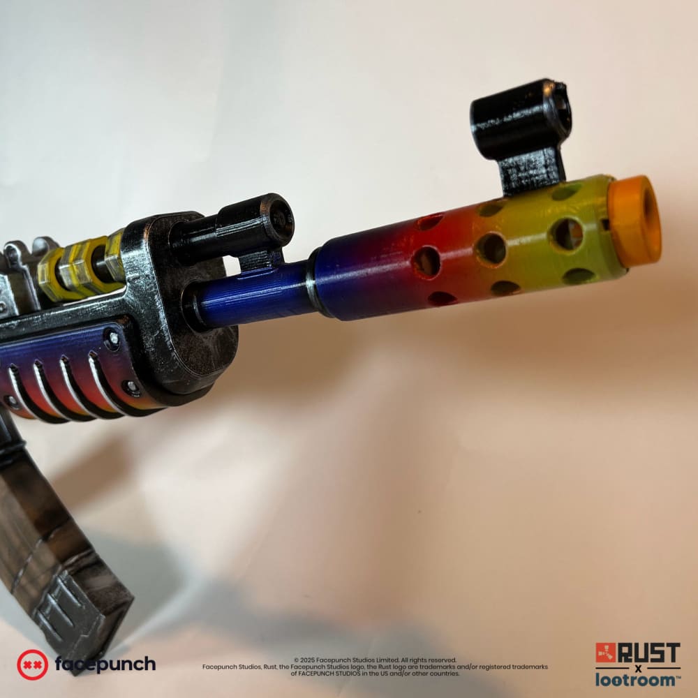 Close-up of the Tempered AK barrel, deep blue turning red and orange towards the muzzle.