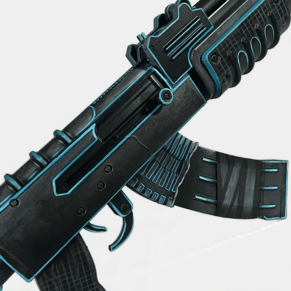Close-up of the xQc AK receiver and magazine, cyan lines tracing every panel and rib.