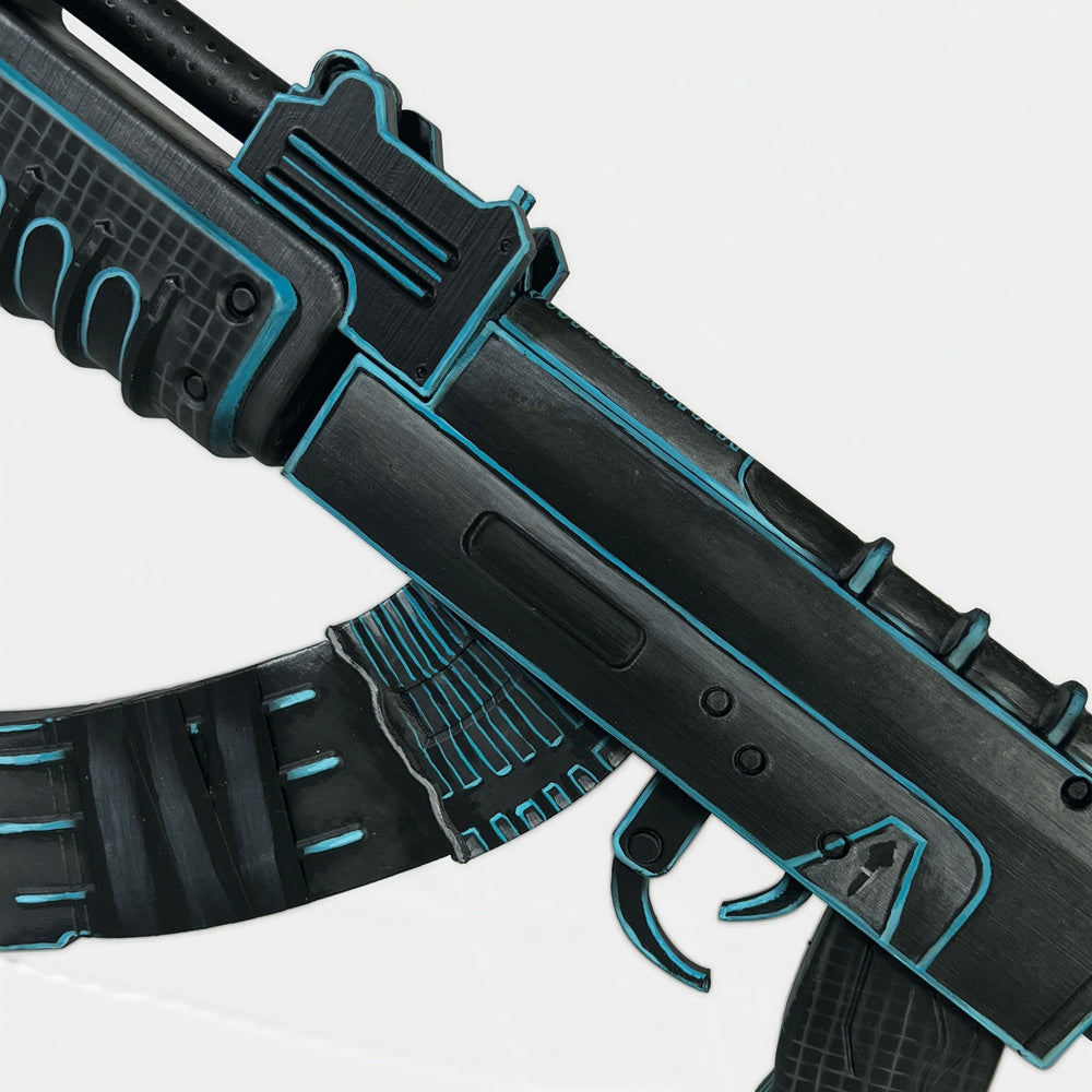 Rust xQc AK prop at an angle, cyan lines along the dust cover and the magazine.