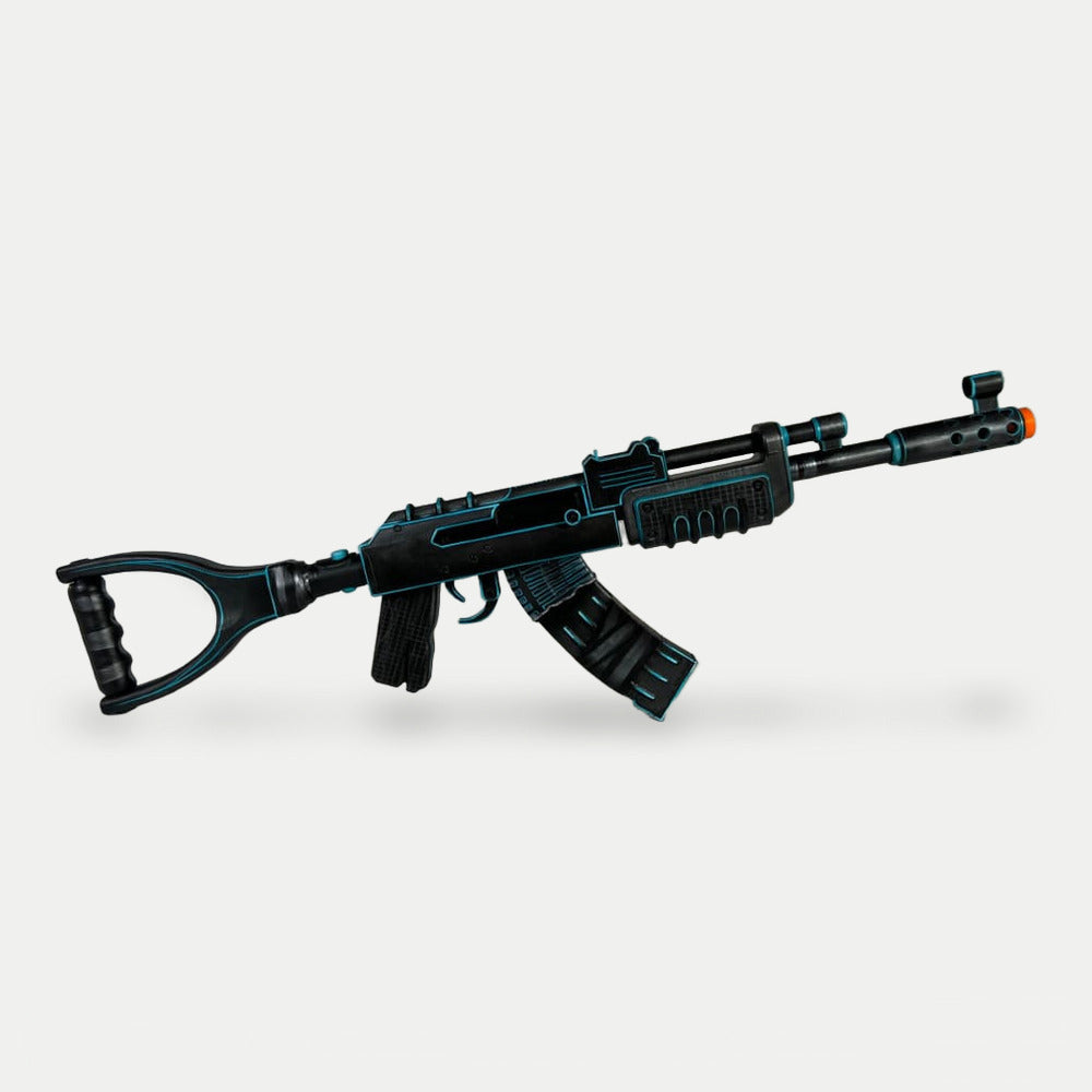 Rust xQc AK prop, full side view of the matte black 75cm build with cyan edge lines.