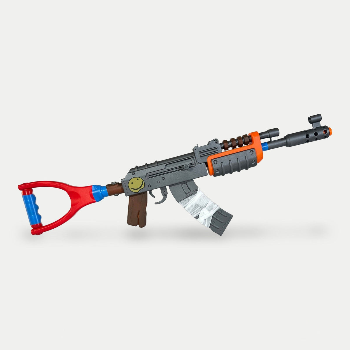 One of the three Rust AK props from the kit in full side view, 75cm from the red stock to the muzzle