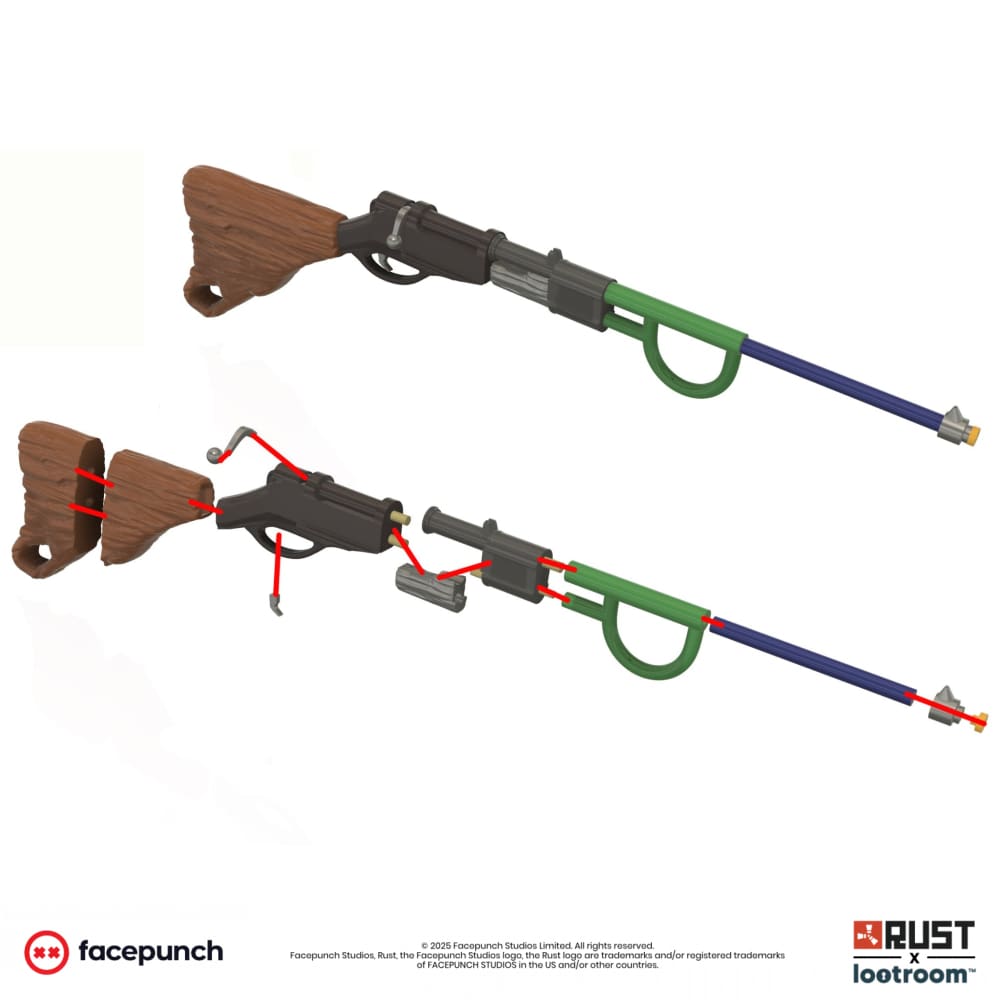 Exploded diagram of the Rust Bolt STL files, showing how the printed parts fit together.