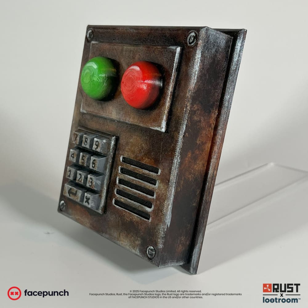 Rust Codelock prop seen from the right with the vent slits and corner screws