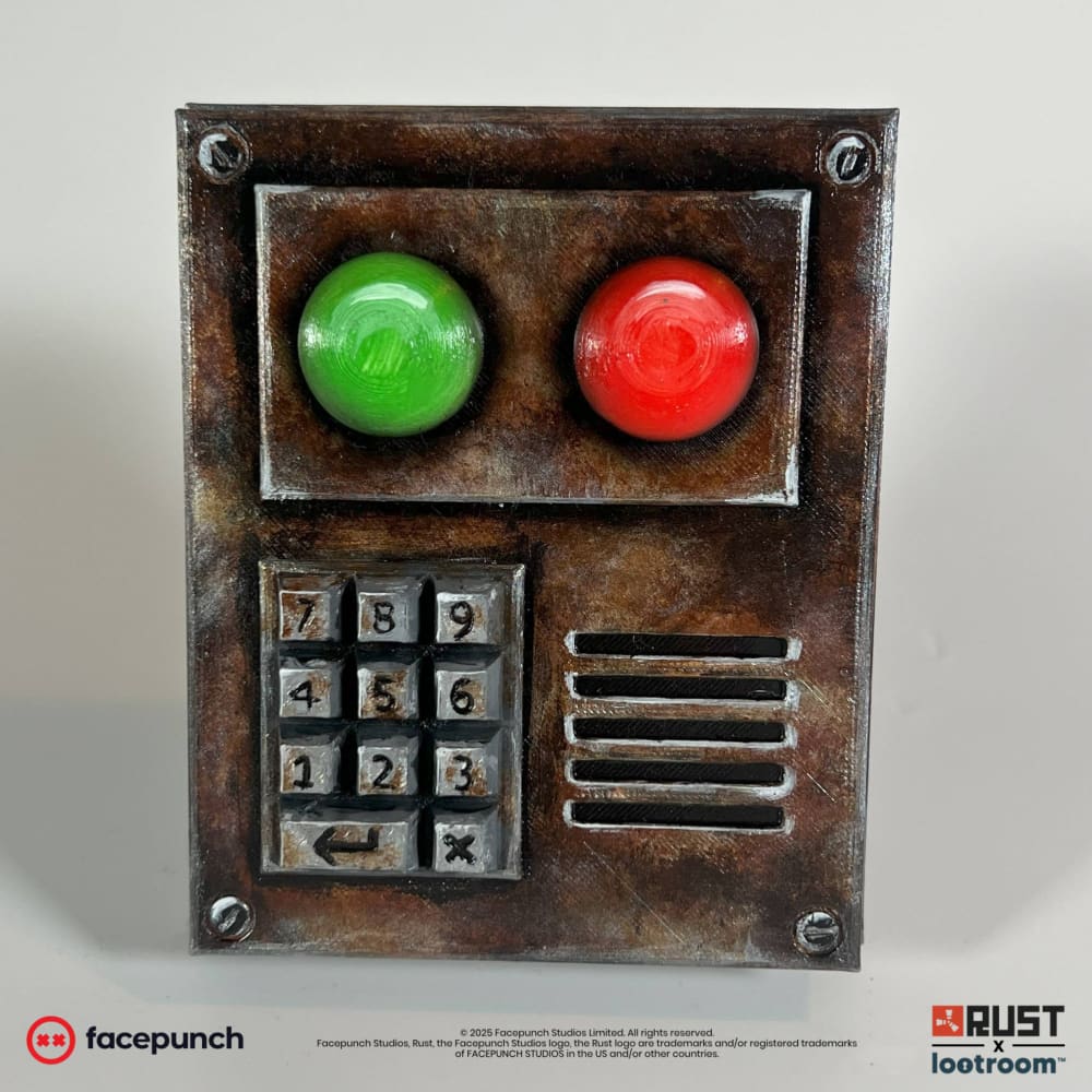 Rust Codelock prop from the front, rust brown housing with grey keypad and green and red indicators
