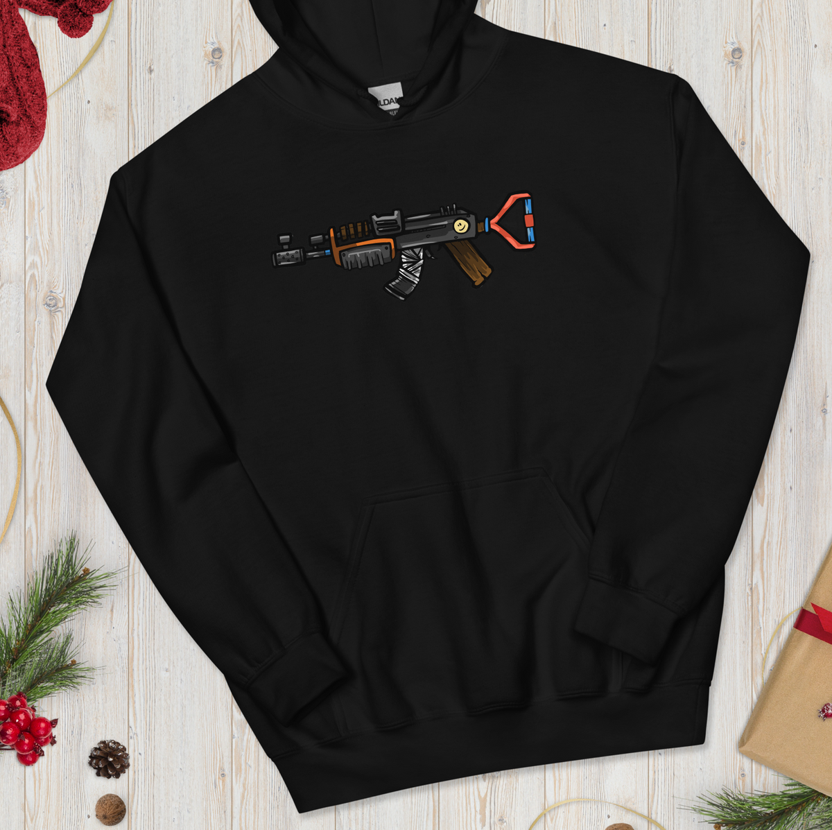 Rust Comic AK unisex hoodie in black with the cartoon AK print