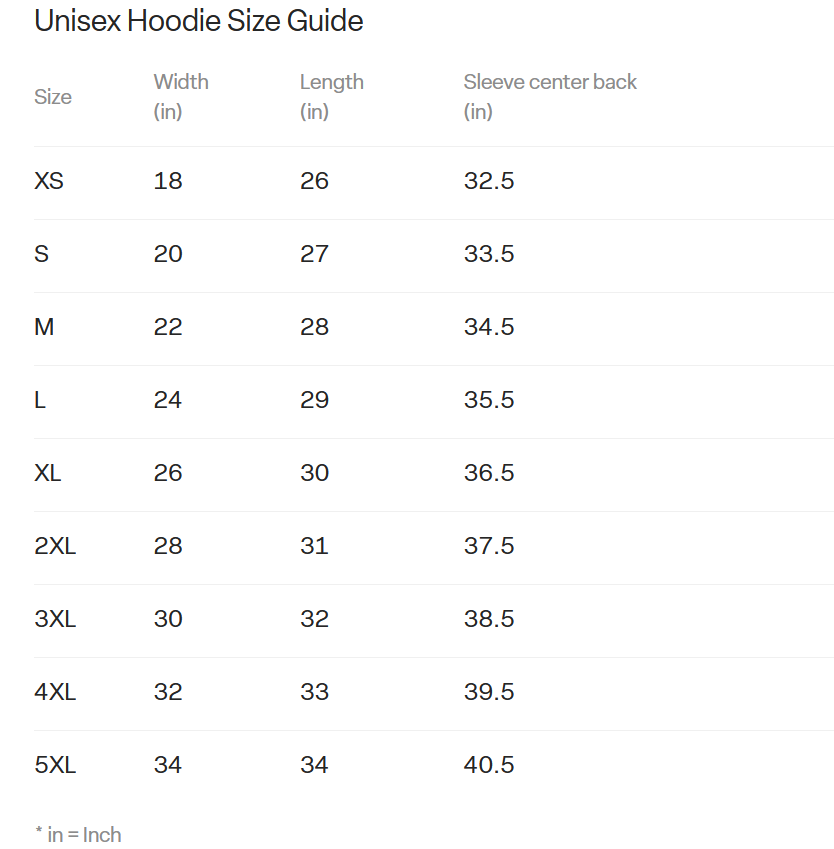 Size guide: unisex hoodie