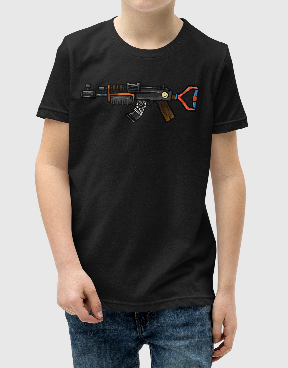 Rust Comic AK youth t-shirt in black, worn