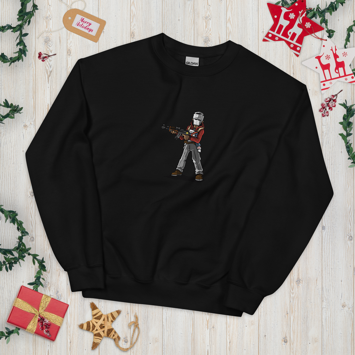 Rust Comic Fullgear sweatshirt in black, geared-up player with metal facemask printed on the chest