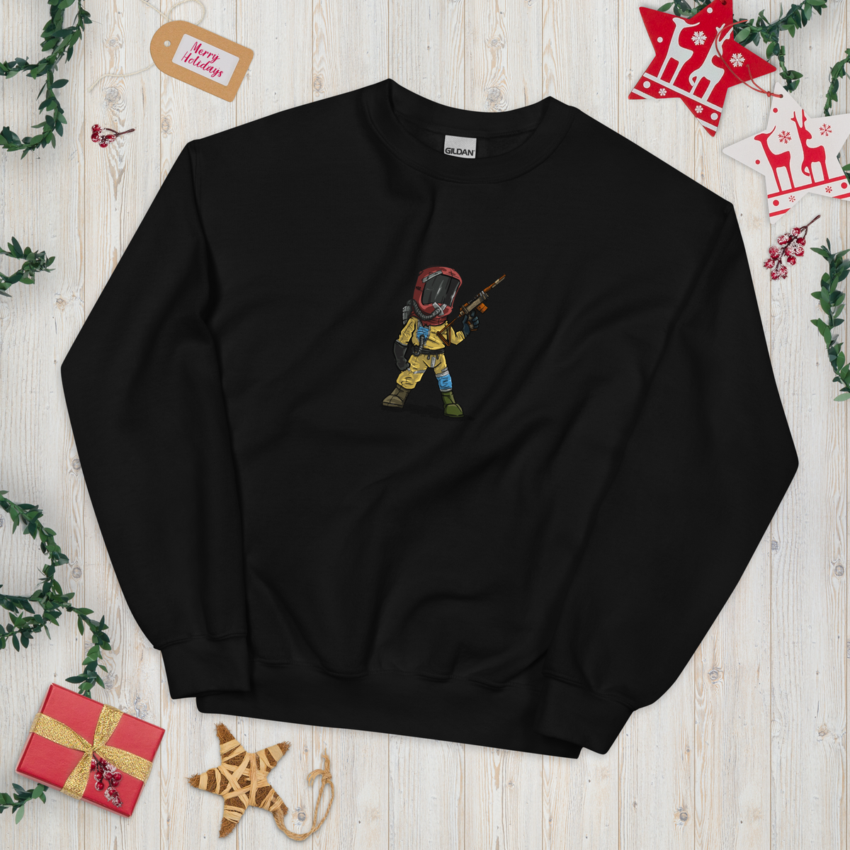 Rust Comic Hazzy sweatshirt in black with the hazmat comic print
