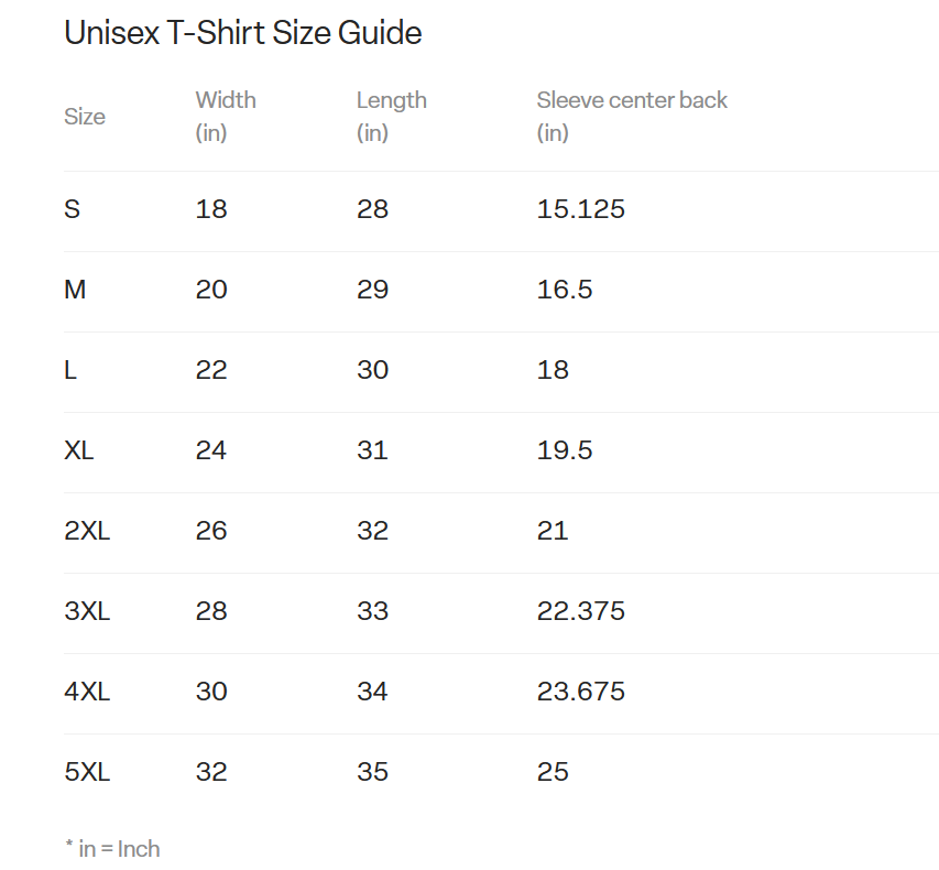 Size guide: unisex t-shirt