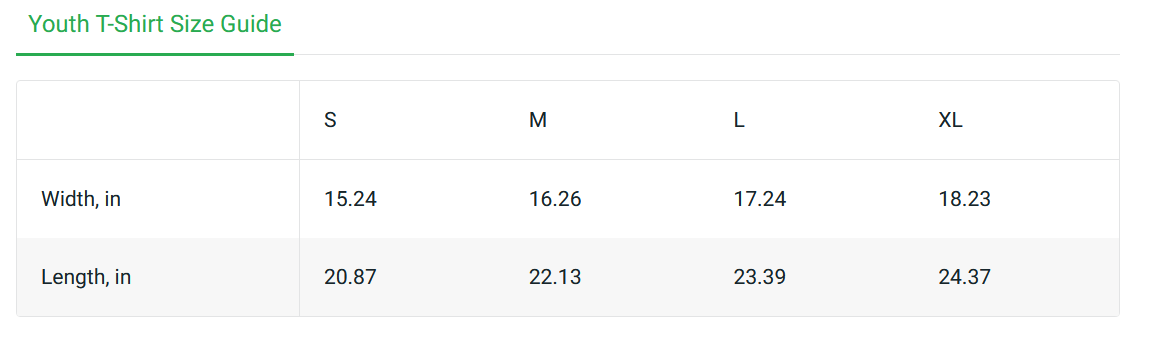 Size guide: youth t-shirt