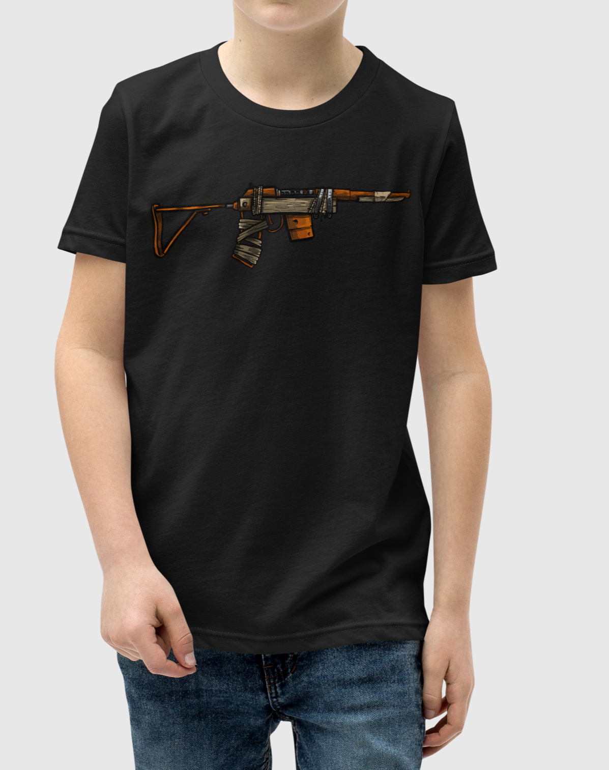 Rust Comic SAR youth t-shirt in black, worn