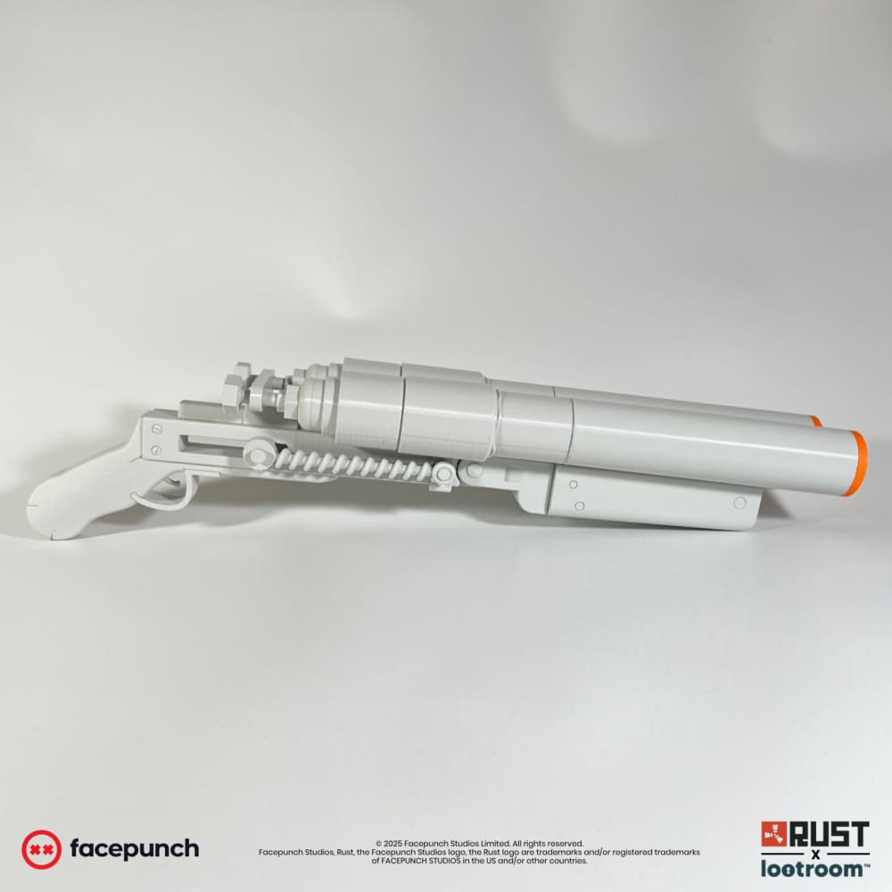 The unpainted light grey Rust Double Barrel DIY prop from the other side, showing the grip and the printed coil spring above it.