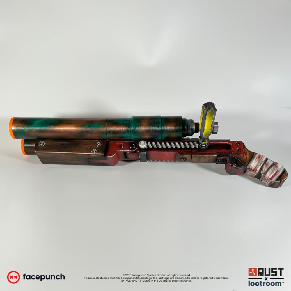 Rust Double Barrel prop replica from the opposite side, 63cm from the bandaged grip to the barrels