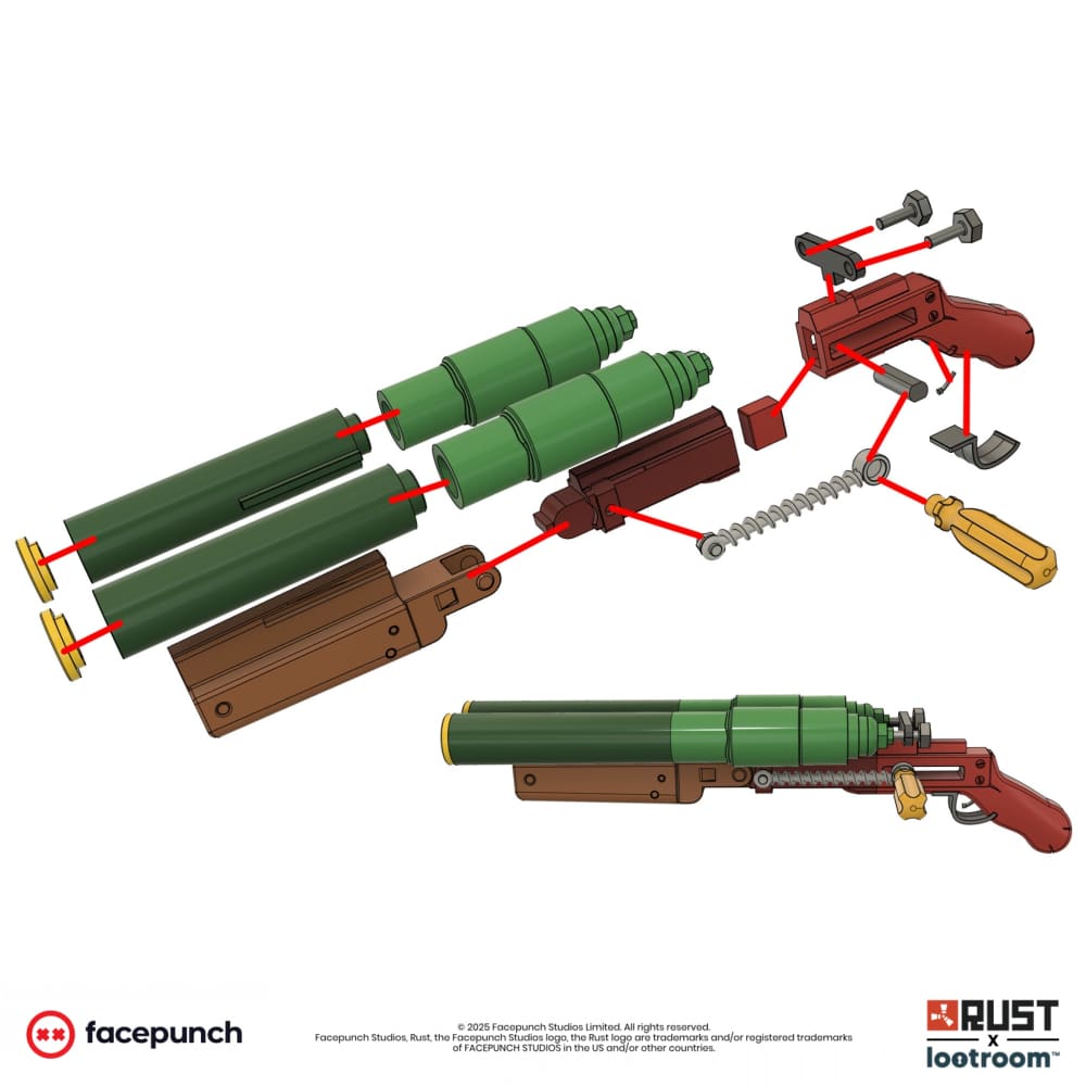 Exploded diagram of the Rust Double Barrel STL files, showing how the printed parts fit together.