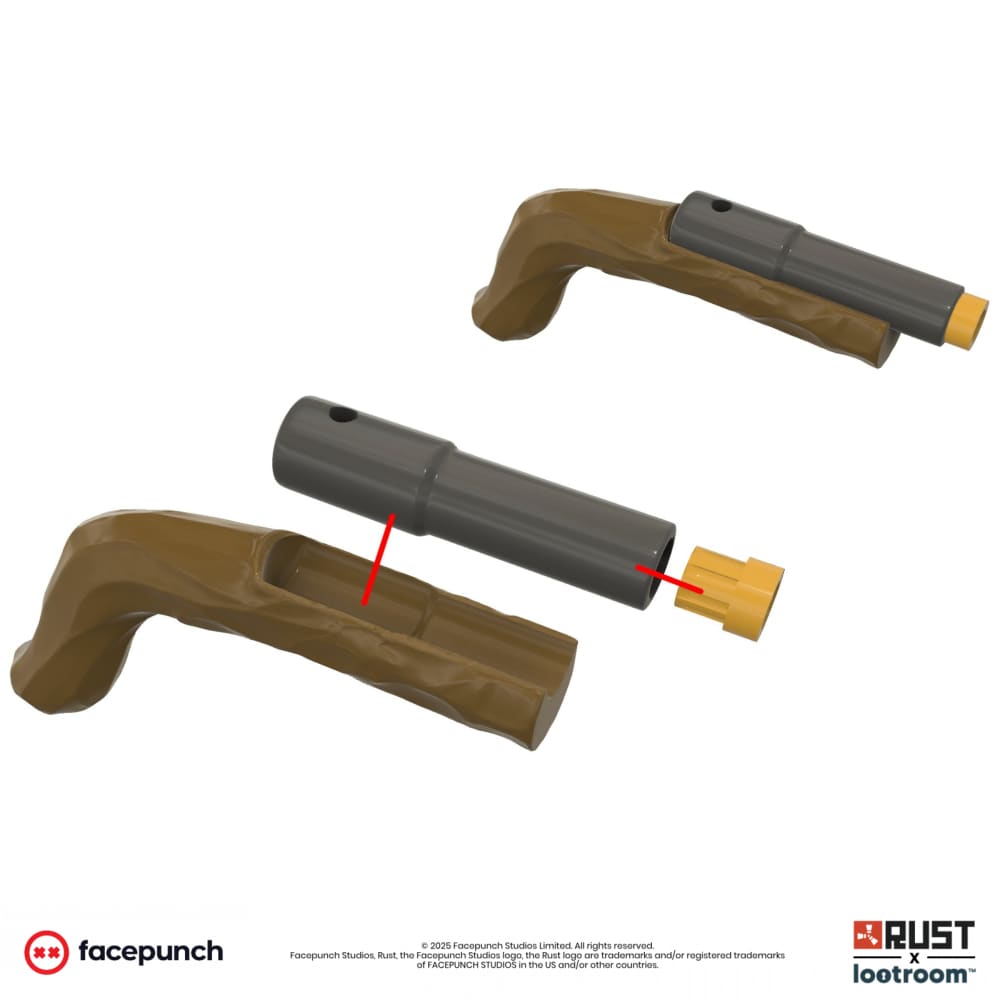 Exploded diagram of the Rust Eoka STL files, showing how the two printed parts fit together.