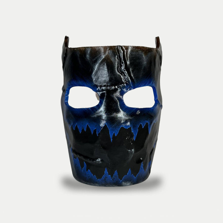 Rust Frostbite Facemask, hand-painted wearable 1:1 prop with blue frost on black