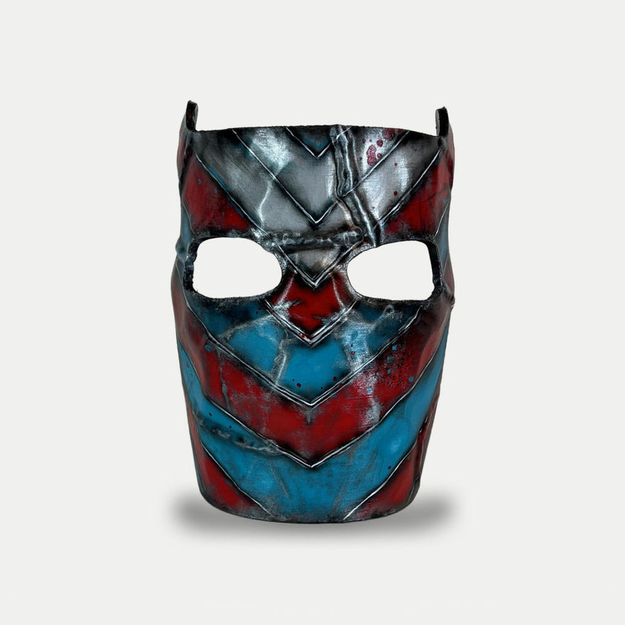 Rust IOK Facemask, hand-painted wearable 1:1 prop with red and turquoise chevrons