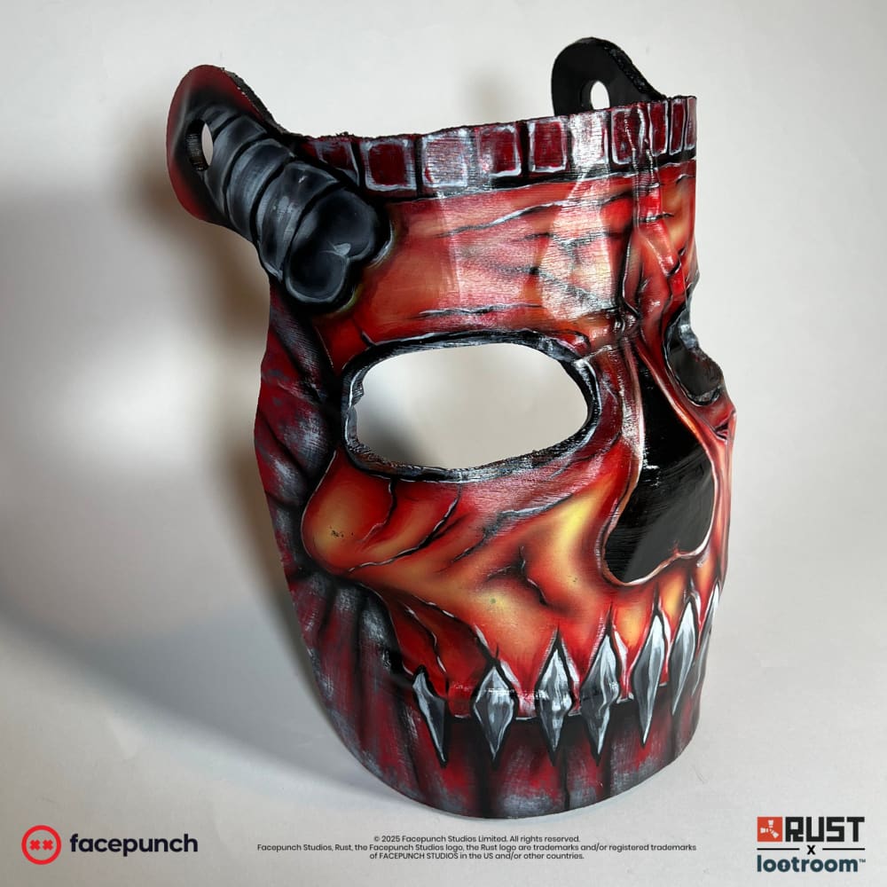 Rust Killjoys facemask prop from the other side, with one of the two pre-drilled holes