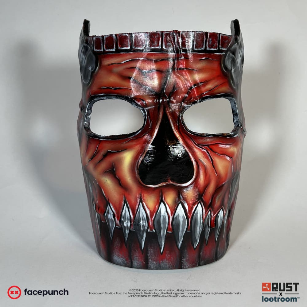 Rust Killjoys facemask prop, front view of the red demon face with silver teeth