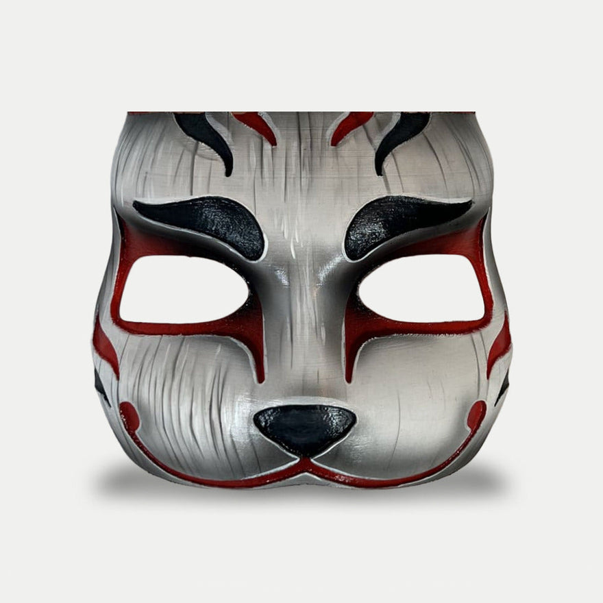 Rust Mendo Kitsune Facemask, hand-painted wearable 1:1 prop shaped as a silver-white fox mask