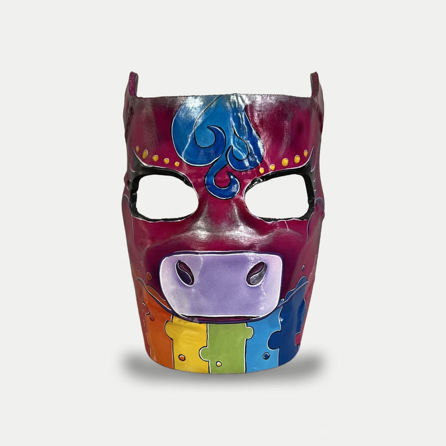 Rust Rainbow Pony Facemask, hand-painted wearable 1:1 prop in magenta with rainbow jigsaw pieces
