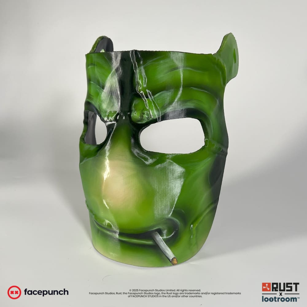 Rust StableRonaldo facemask prop from the other side, with the painted cigarette and cream-washed chin