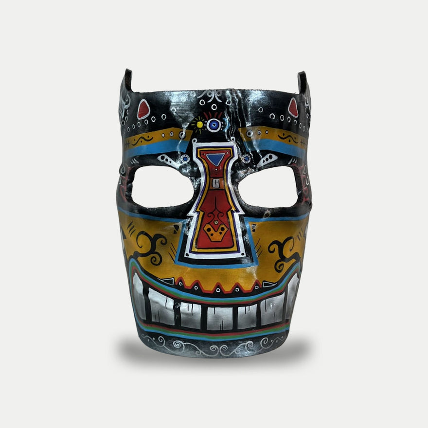Rust Sunrise Facemask, hand-painted wearable 1:1 prop painted as a folk-art skull