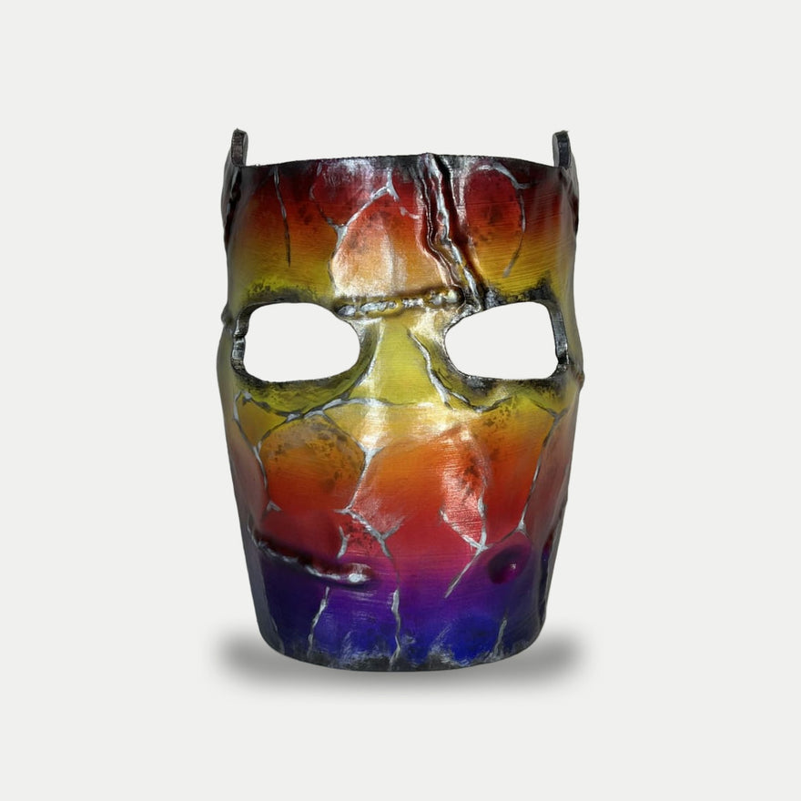 Rust Tempered Facemask, hand-painted wearable 1:1 prop in red, gold and violet