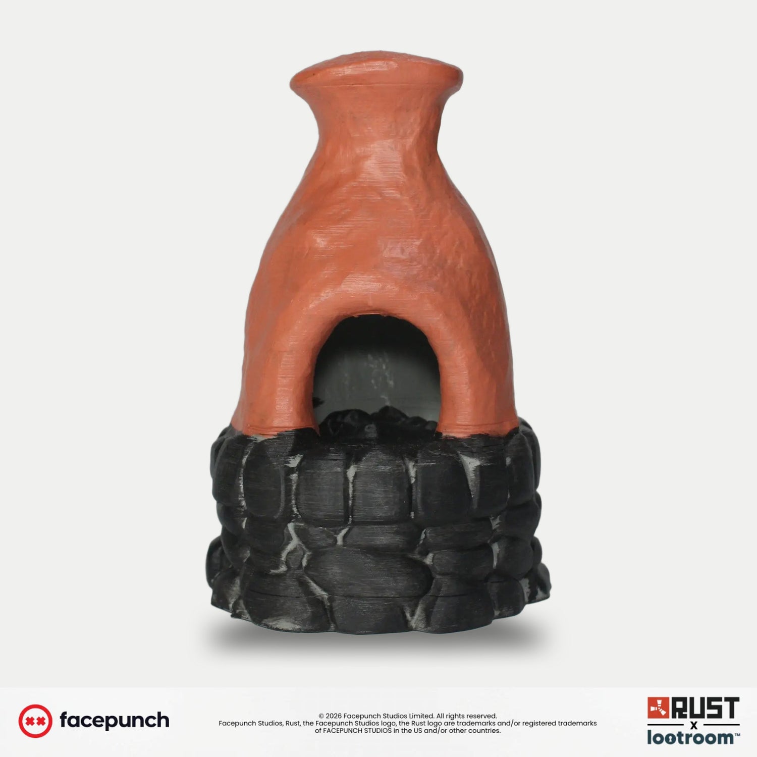 Rust Furnace prop replica, burnt-orange clay chimney on a stacked stone base, front view