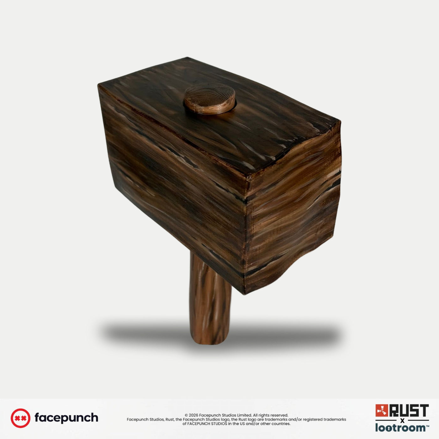 Rust Default Hammer prop from above, the handle coming through the head as a round plug with visible end grain