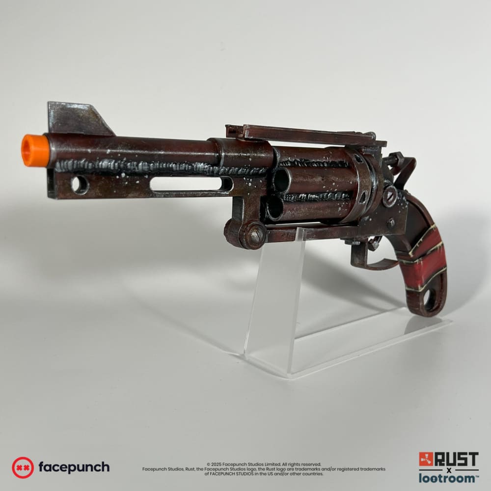 Rust High Caliber Revolver prop from the other side, weld beads running the length of the barrel