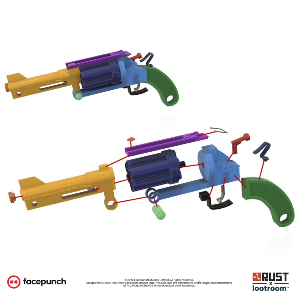 Exploded diagram of the Rust High Caliber Revolver STL files, showing how the printed parts fit together.