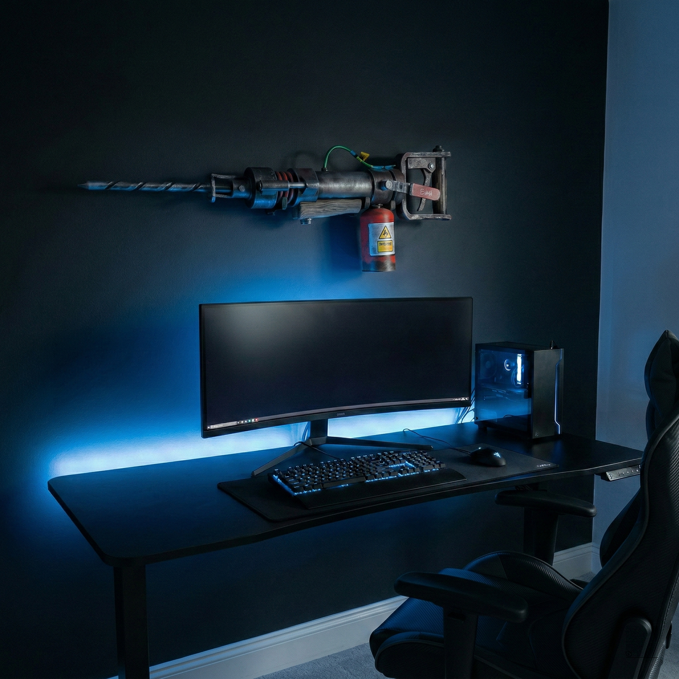 Rust Jackhammer prop mounted on the wall above a gaming desk lit with blue LEDs