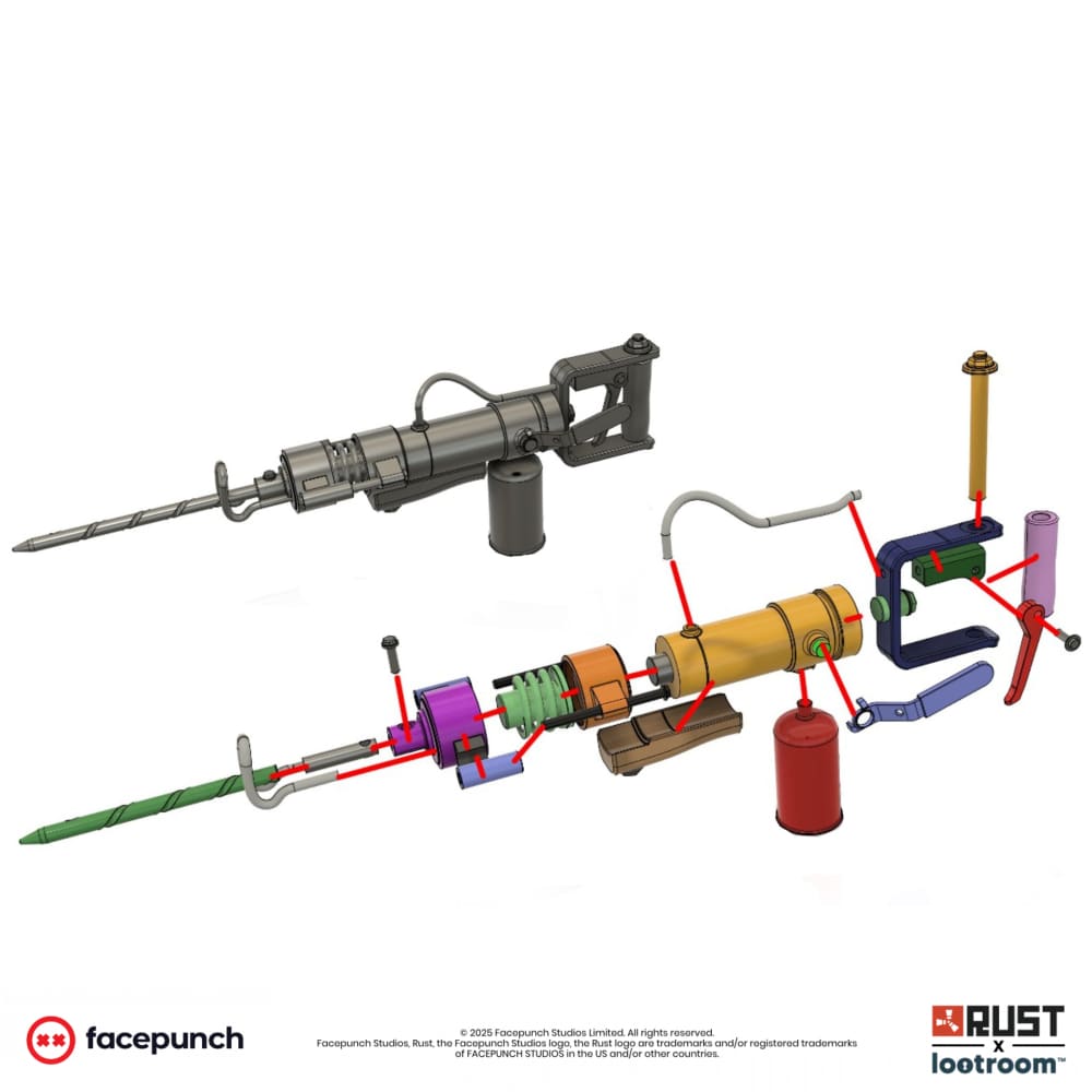 Exploded diagram of the Rust Jackhammer STL files. The tube shown is a placeholder for the pipe or cable you supply yourself.