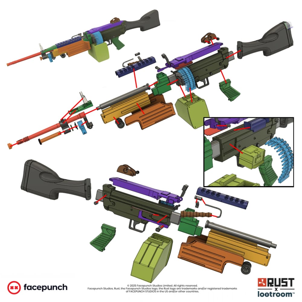 Exploded diagram of the Rust M249 STL parts, showing how the printed pieces fit together.